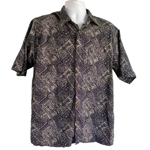Boca Classics Short Sleeve Button Down Shirt Black Gray Aztec Print Men's Large - Picture 1 of 7